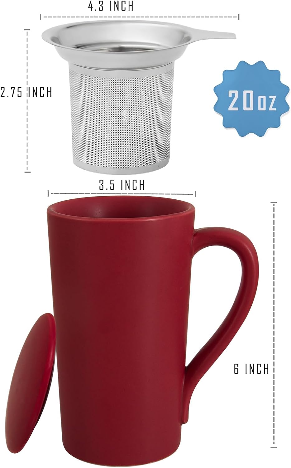 Tea Cup with Infuser and Lid, 20oz Tea Mug with Handle, Dishwasher and Microwave Safe, Ceramic Strainer Cup Gifts for Steeping Loose Leaf tea Lovers, Red