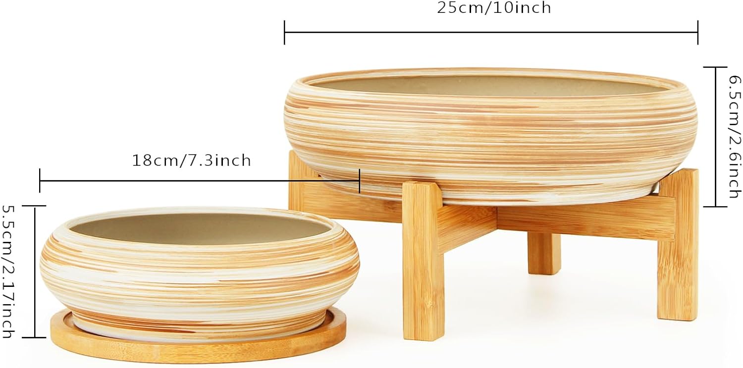 ARTKETTY Succulent Pots - 7.3/10 Inch Large Plant Pot Ceramic Bonsai Planter with Drainage Tray, Shallow Planters for Succulents Cactus Flower Small Plants Birthday Gifts for Women