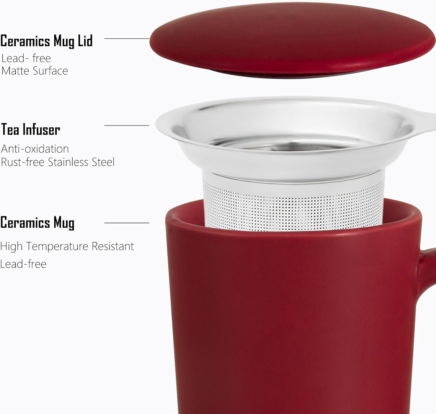 Tea Cup with Infuser and Lid, 20oz Tea Mug with Handle, Dishwasher and Microwave Safe, Ceramic Strainer Cup Gifts for Steeping Loose Leaf tea Lovers, Red