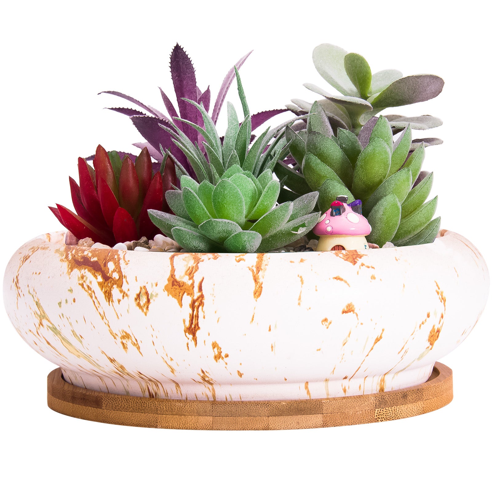 cactus plant pots uk ARTKETTY Large Round Succulent Cactus Planter Pots, Modern Ceramic Flower Planter Container Bowl with Drainage Bamboo Tray Decorative Garden Shallow Marble Bonsai Pot for Desk or Windowsill – artketty