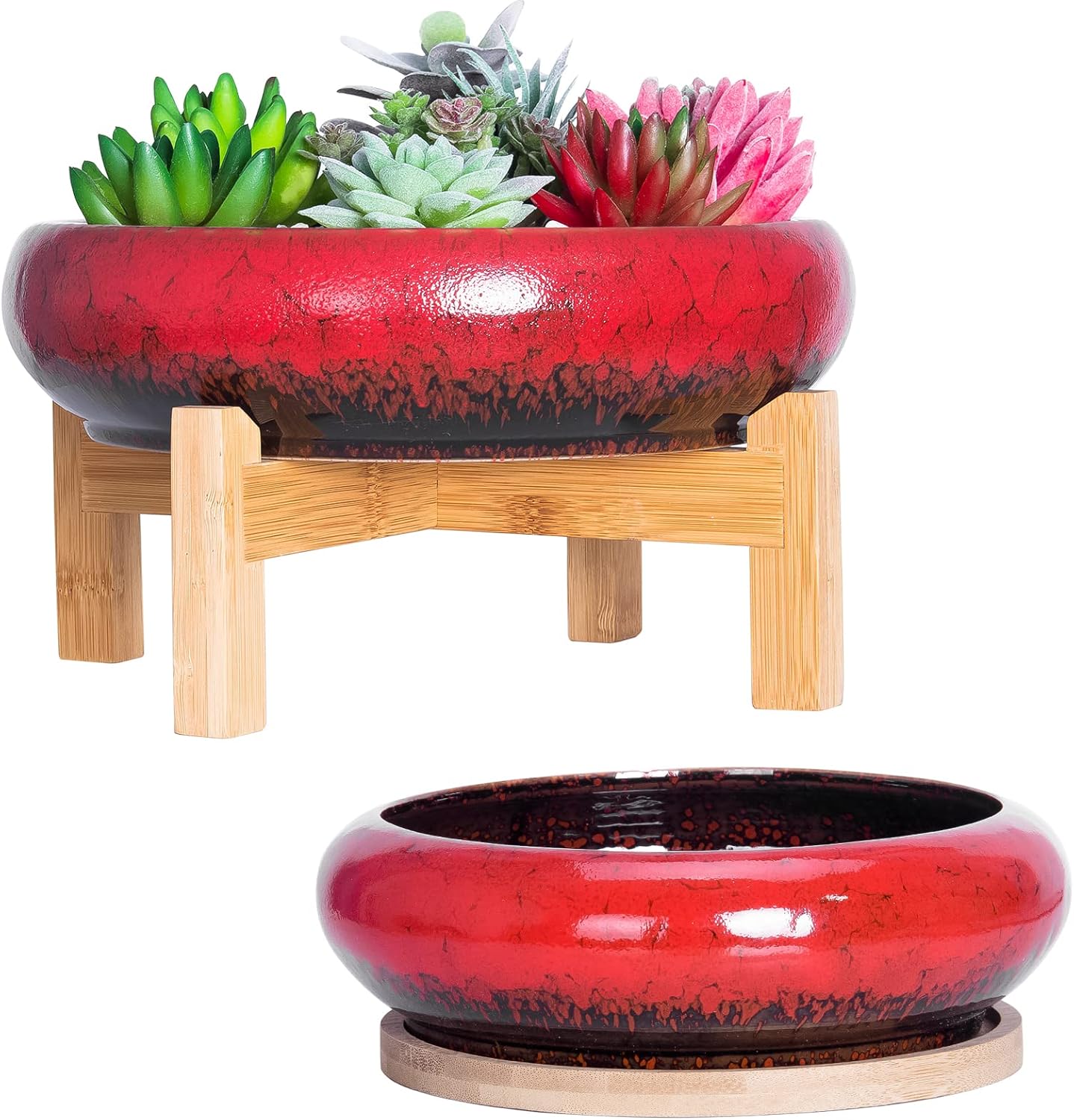 ARTKETTY Succulent Pots - 7.3/10 Inch Large Plant Pot Ceramic Bonsai Planter with Drainage Tray, Shallow Planters for Succulents Cactus Flower Small Plants Birthday Gifts for Women