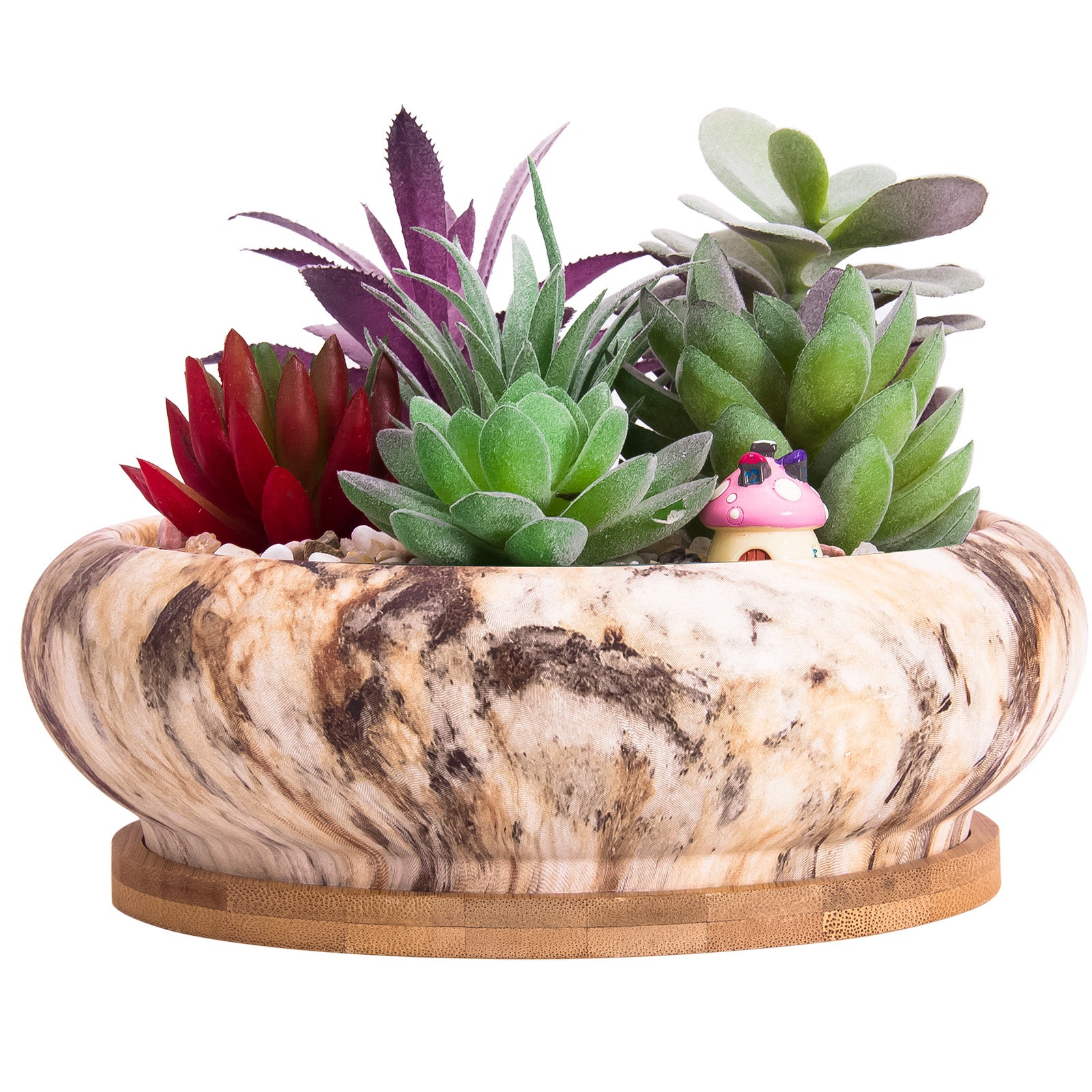 large artificial succulents in pots Artketty 7.3 Inch Large Ceramic Succulent Planter Pot, Modern Round Cactus Flower Planter Container Bowl with Drainage Bamboo Tray Decorative Garden Shallow Marble Bonsai Pot for Indoor/outdoor Plants – artketty