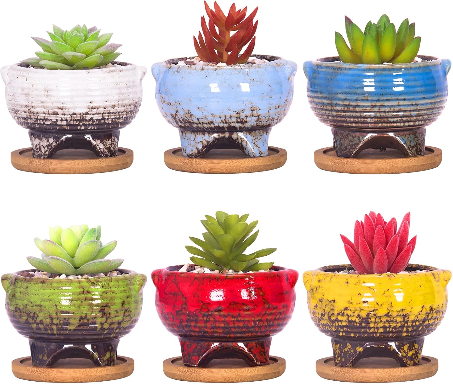 Succulent Pots - Small Succulent Plant Pots with Drainage Set of 6, Ceramic Cactus Planter Pots for Indoor Unique Flower Planter Container for Home Office Decor