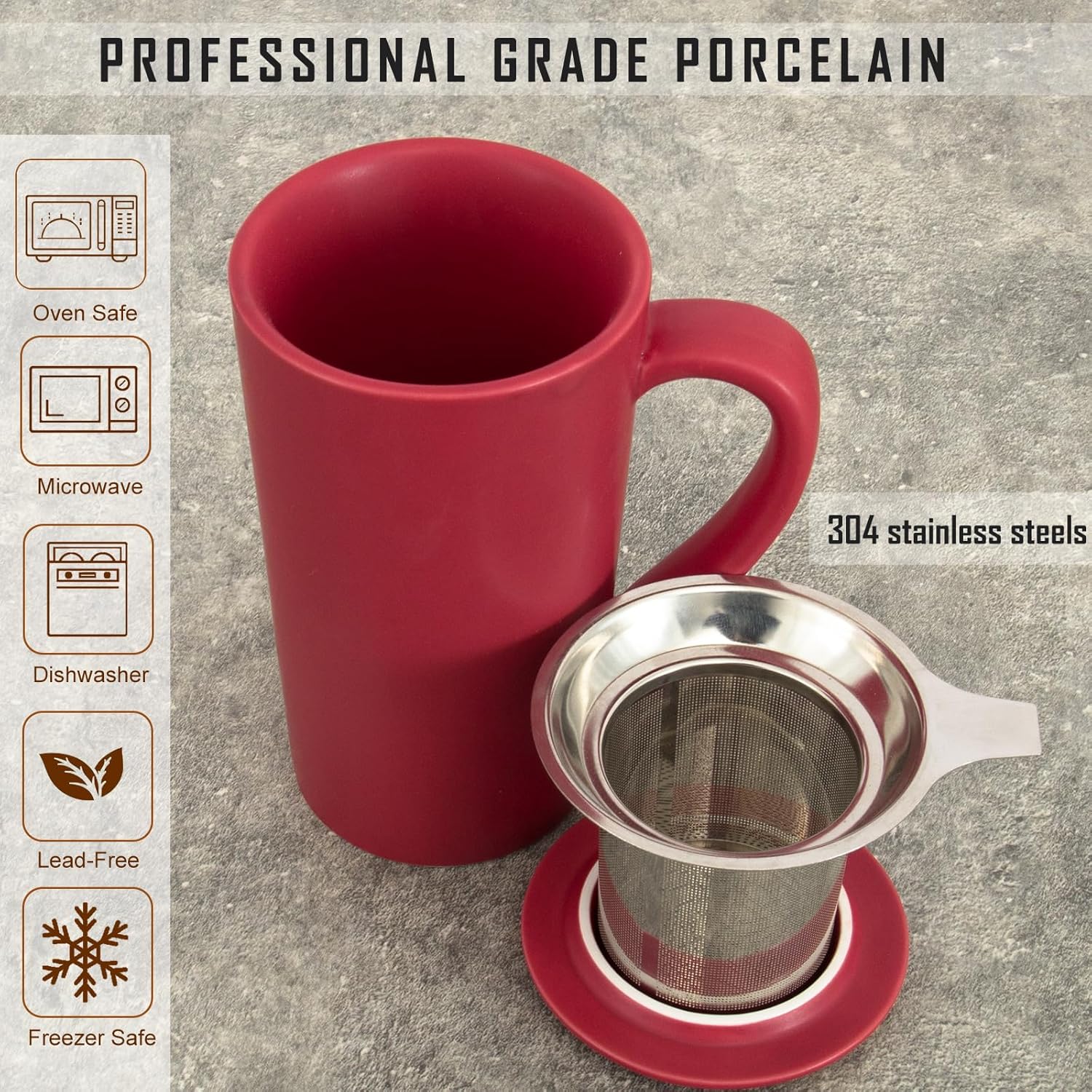 Tea Cup with Infuser and Lid, 20oz Tea Mug with Handle, Dishwasher and Microwave Safe, Ceramic Strainer Cup Gifts for Steeping Loose Leaf tea Lovers, Red