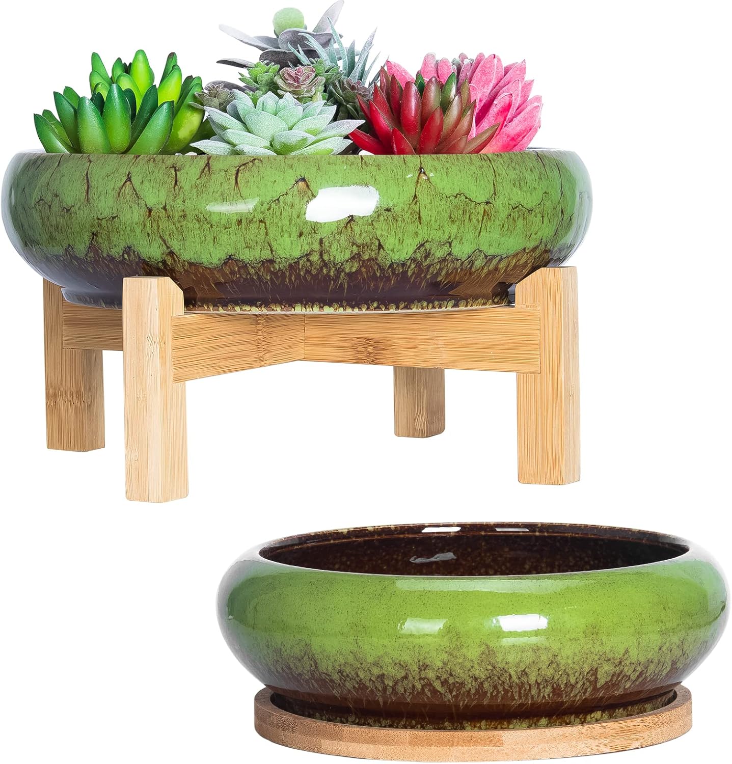 ARTKETTY Succulent Pots - 7.3/10 Inch Large Plant Pot Ceramic Bonsai Planter with Drainage Tray, Shallow Planters for Succulents Cactus Flower Small Plants Birthday Gifts for Women
