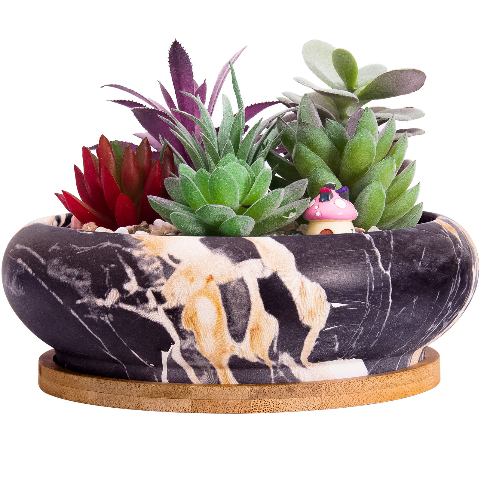 amazon plant pots large ARTKETTY Marble Ceramic Succulent Cactus Plant Pot, Large Round Bonsai Planter Bowl with Drainage Bamboo Tray, Decorative Garden Flower Plant
