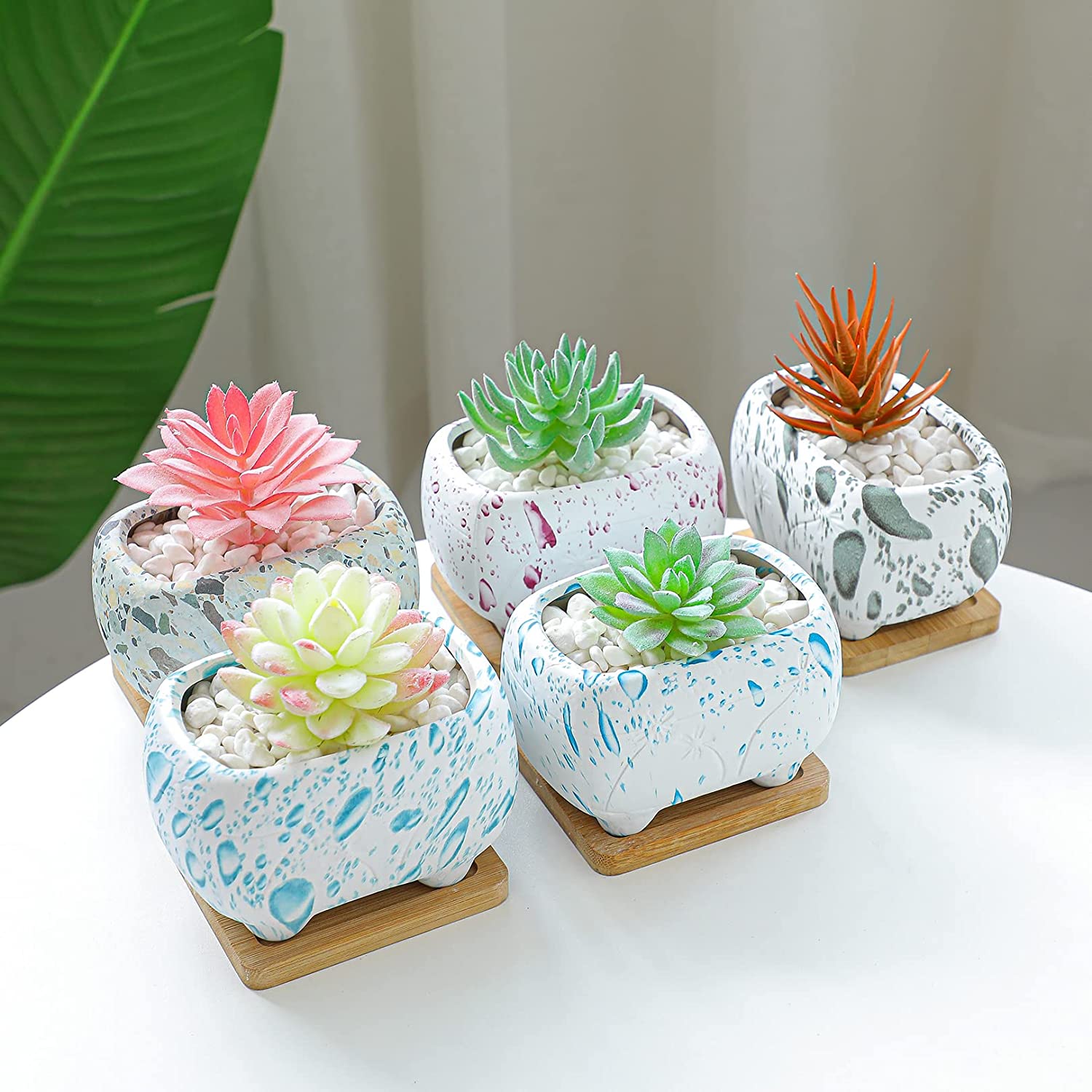 Succulent Planter, 4.7" Small Succulent Pots with Drainage Rectangular Cactus Planter with Bamboo Trays Ceramic Pots for Indoor Flower Plants Set of 5