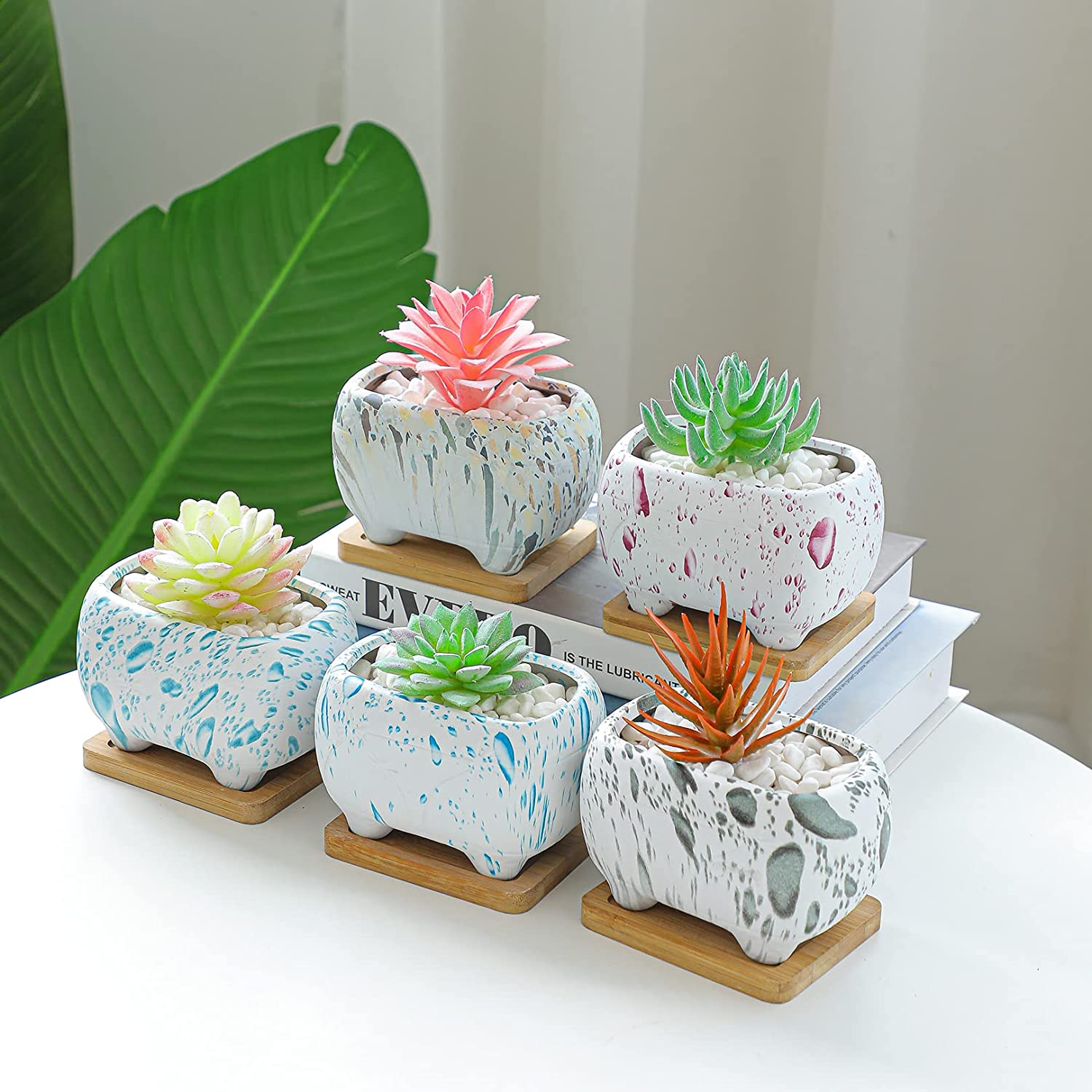 Succulent Planter, 4.7" Small Succulent Pots with Drainage Rectangular Cactus Planter with Bamboo Trays Ceramic Pots for Indoor Flower Plants Set of 5