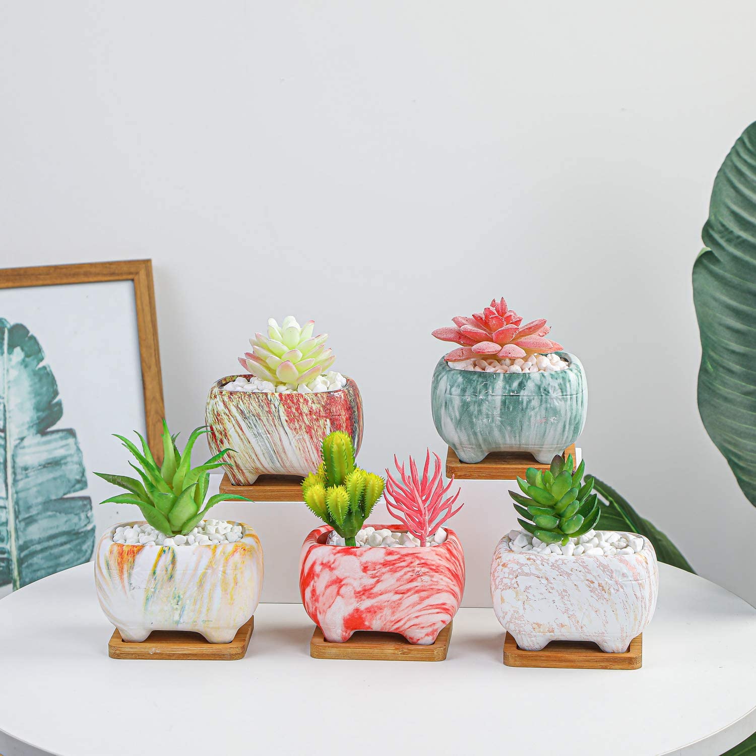 Succulent Planter, 4.7" Small Succulent Pots with Drainage Rectangular Cactus Planter with Bamboo Trays Ceramic Pots for Indoor Flower Plants Set of 5