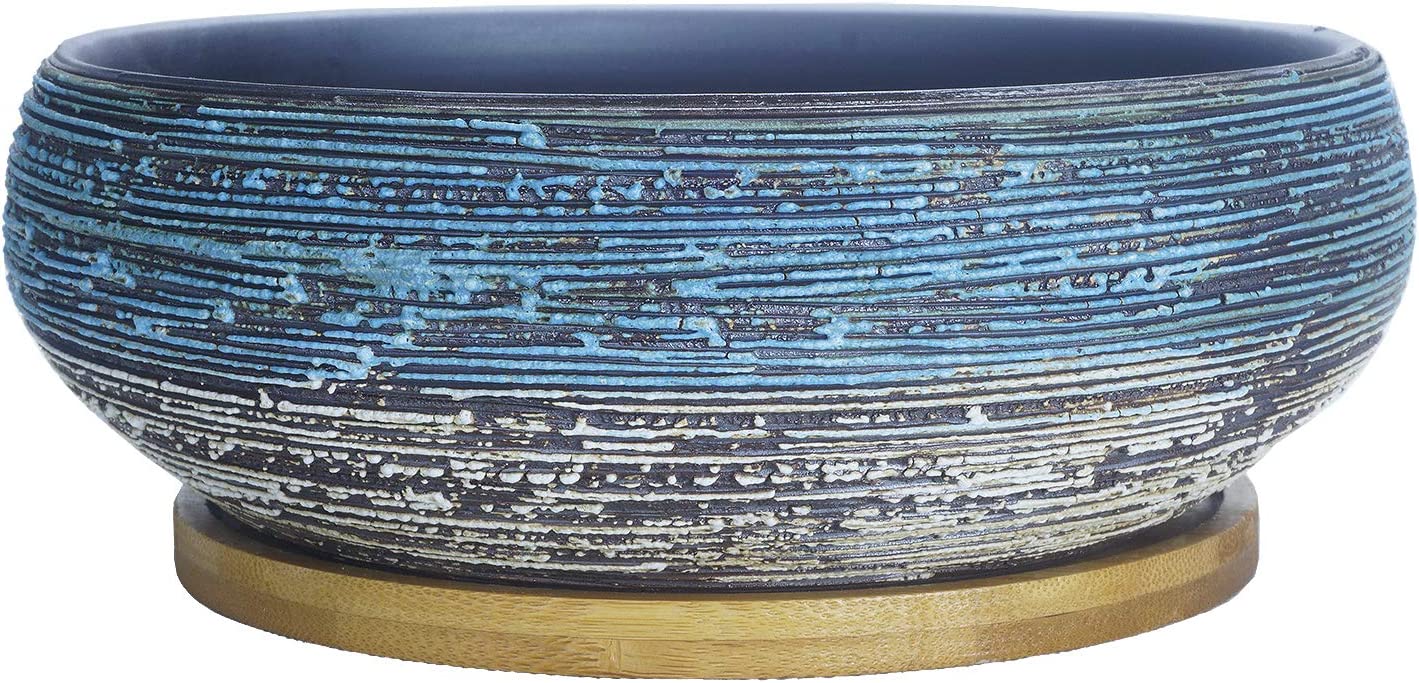 ARTKETTY 8 Inch Large Round Succulent Planter Pots with Drainage Bamboo Tray Ceramic Glazed Bonsai Pots for Indoor/Outdoor Plants Garden Decorative Cactus Flower Container Bowl
