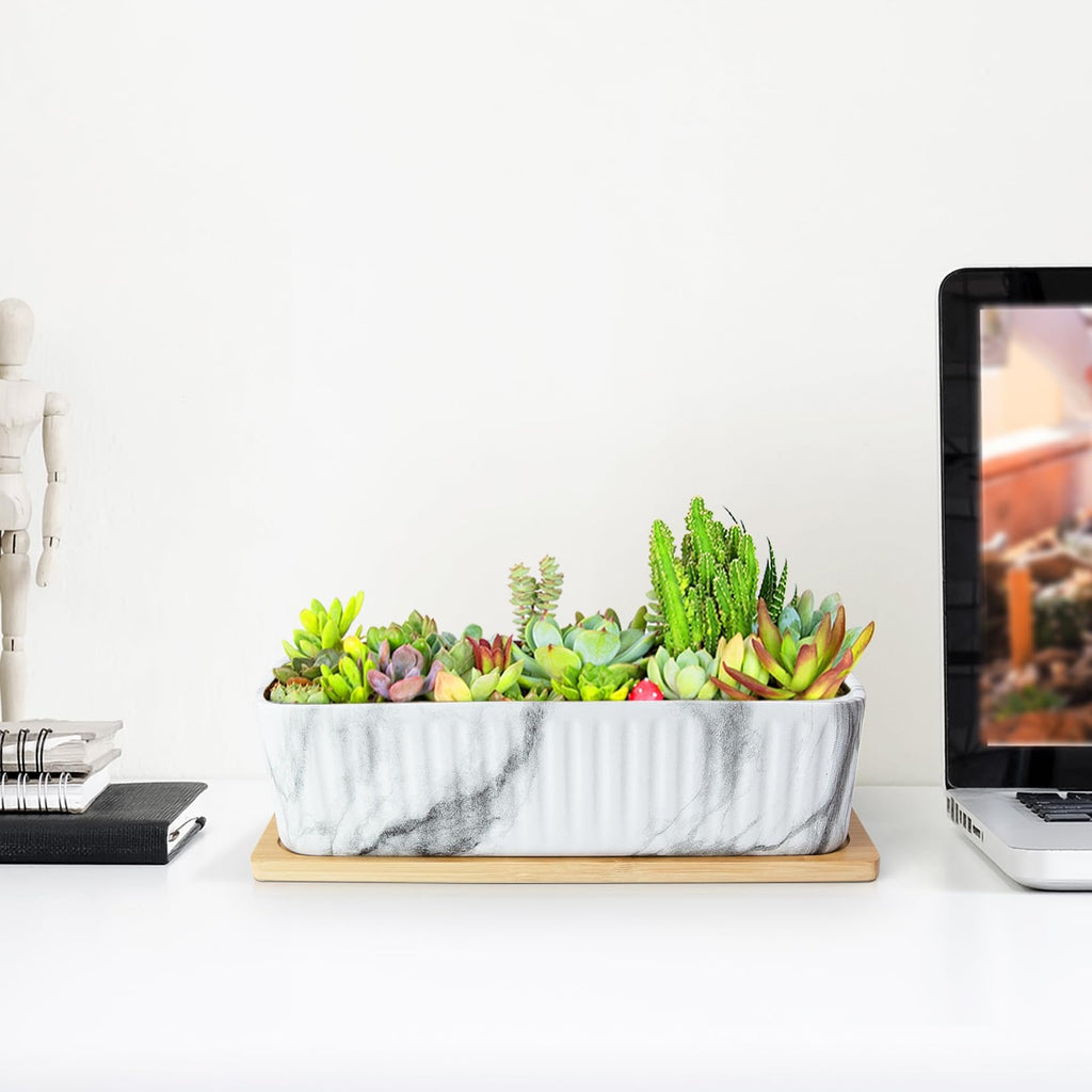 ARTKETTY 12'' Large Long Rectangular Planter, Ceramic Succulent Pots with Drainage Tray, Shallow Windowsill Succulent Planters for Indoor Cactus Bonsai Plants, Marble Window Box Home Office Decor
