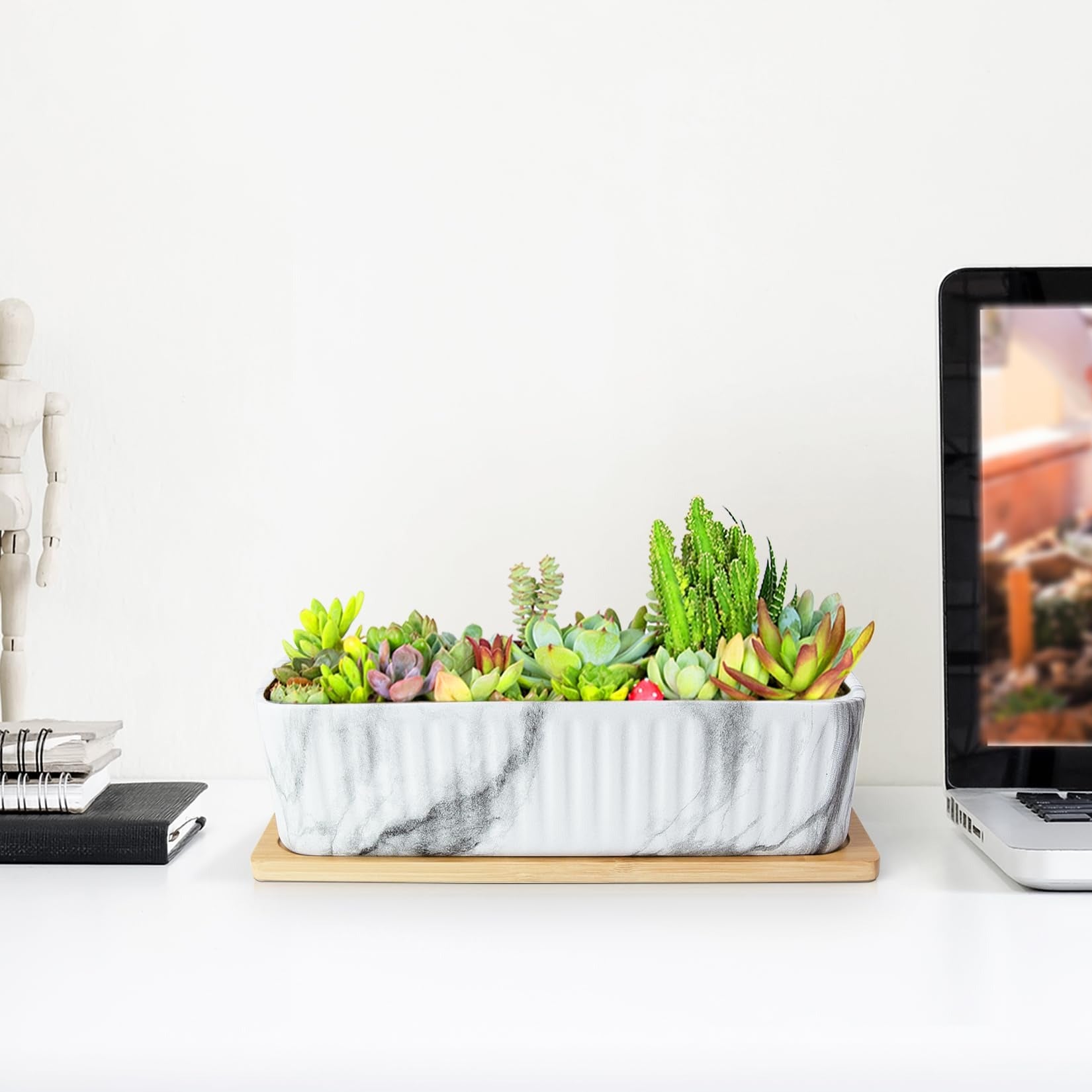 ARTKETTY 12'' Large Long Rectangular Planter, Ceramic Succulent Pots with Drainage Tray, Shallow Windowsill Succulent Planters for Indoor Cactus Bonsai Plants, Marble Window Box Home Office Decor
