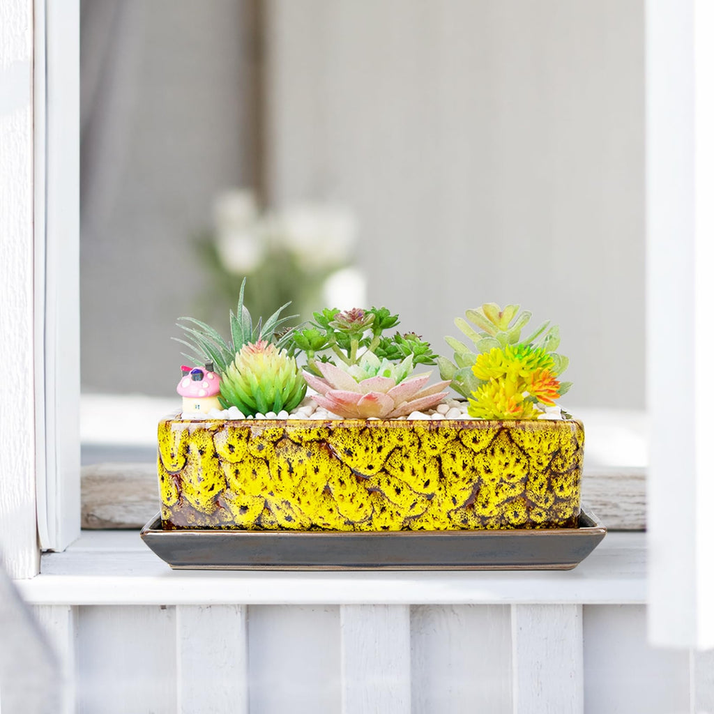 ARTKETTY Succulent Pots - Long Rectangle Succulent Planters with Drainage Tray, Window Sill Planter, Ceramic Pots for Indoor Cactus Plants Shallow Bonsai Window Box for Home Garden Decor