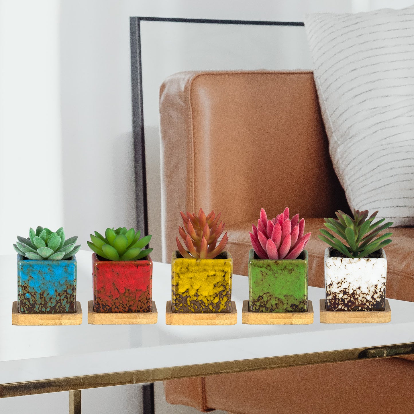 ARTKETTY Set of 10 Succulent Pots with Drainage Trays, 2.1 Inch Ceramic Pots for Indoor Flower Plants, Small Square Cactus Planter Pots Bulk for Garden Home Desk Windowsill Decor