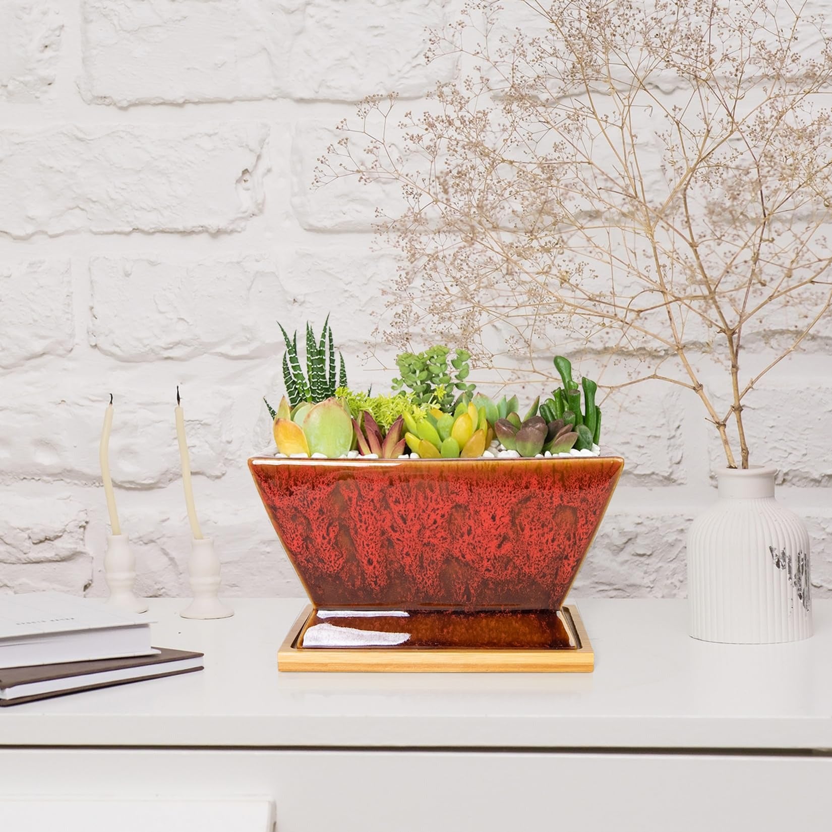 ARTKETTY Succulent Pots - 7 Inch Large Plant Pots with Drainage Tray | Shallow Ceramic Pots for Indoor Plants, Modern Cactus Bonsai Plant Container Decorative Home Office