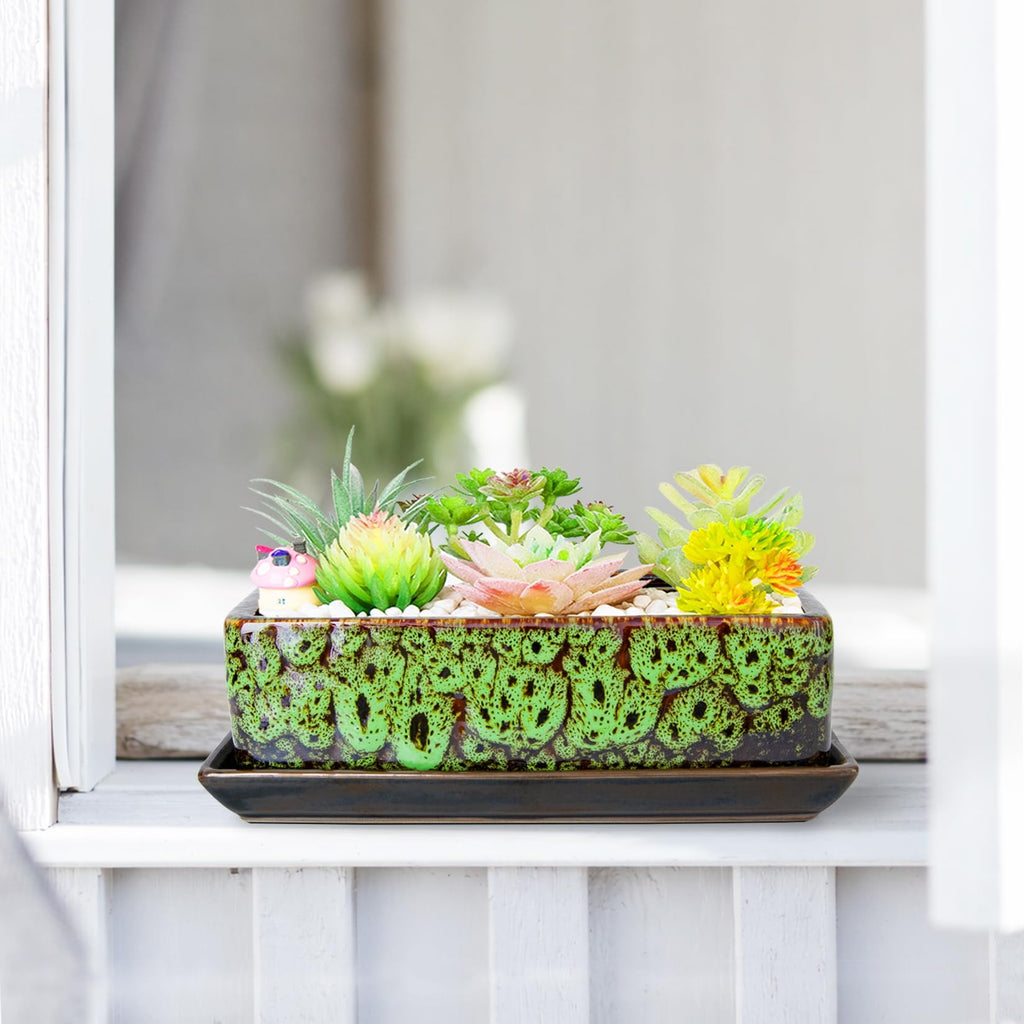 ARTKETTY Succulent Pots - Long Rectangle Succulent Planters with Drainage Tray, Window Sill Planter, Ceramic Pots for Indoor Cactus Plants Shallow Bonsai Window Box for Home Garden Decor