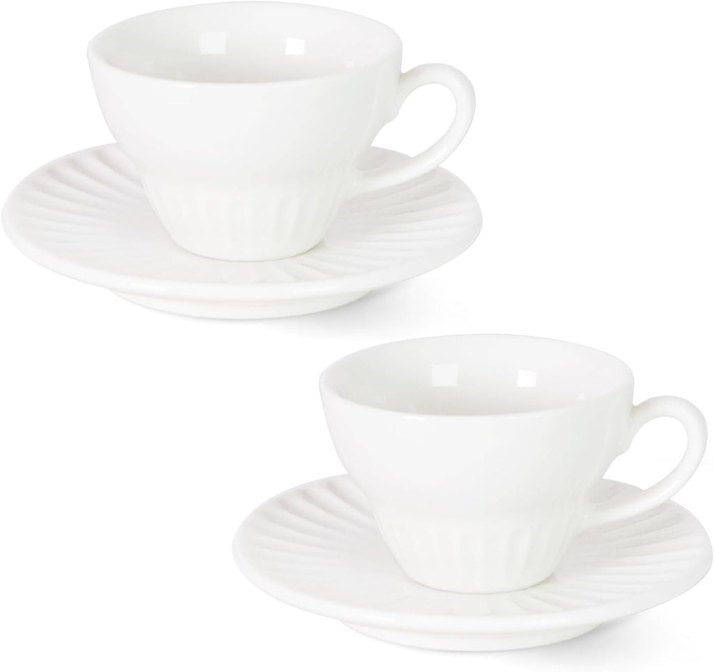 Tea Cups and Saucers- 2oz Stackable Ceramic Espresso Cups & Cappuccino Cup Set of 2 for Coffee, Latte, and Tea, Durable Glazed Blue Porcelain tea Set & Modern Latte Cup Collection