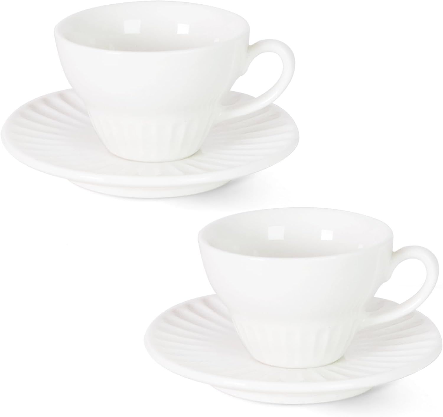 White Tea Cups and Saucers- 4oz Stackable Ceramic Espresso Cups & Cappuccino Cup Set of 2 for Coffee, Latte, and Tea, Durable Porcelain tea Set & Modern Latte Cup Collection
