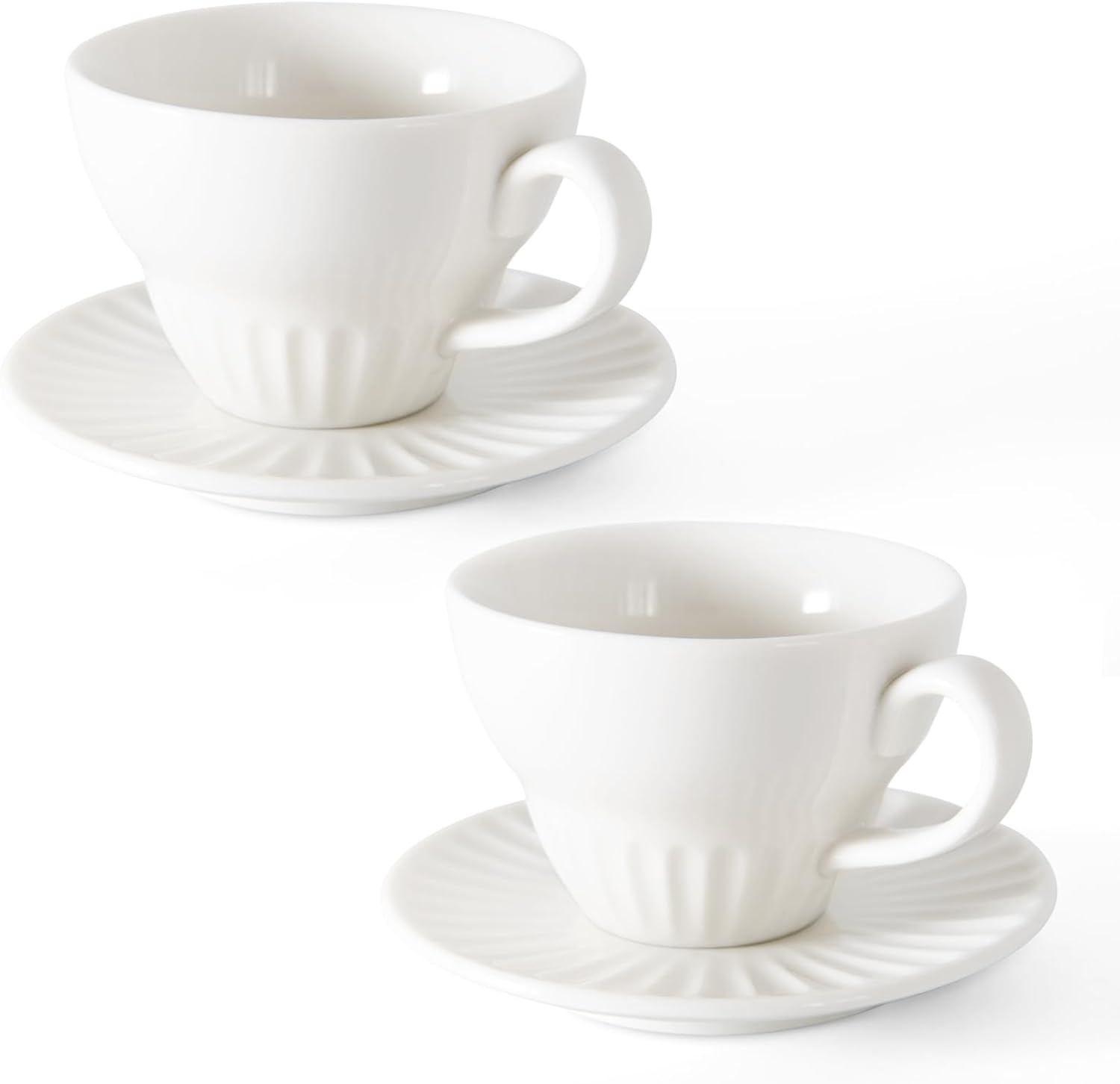 White Tea Cups and Saucers- 4oz Stackable Ceramic Espresso Cups & Cappuccino Cup Set of 2 for Coffee, Latte, and Tea, Durable Porcelain tea Set & Modern Latte Cup Collection