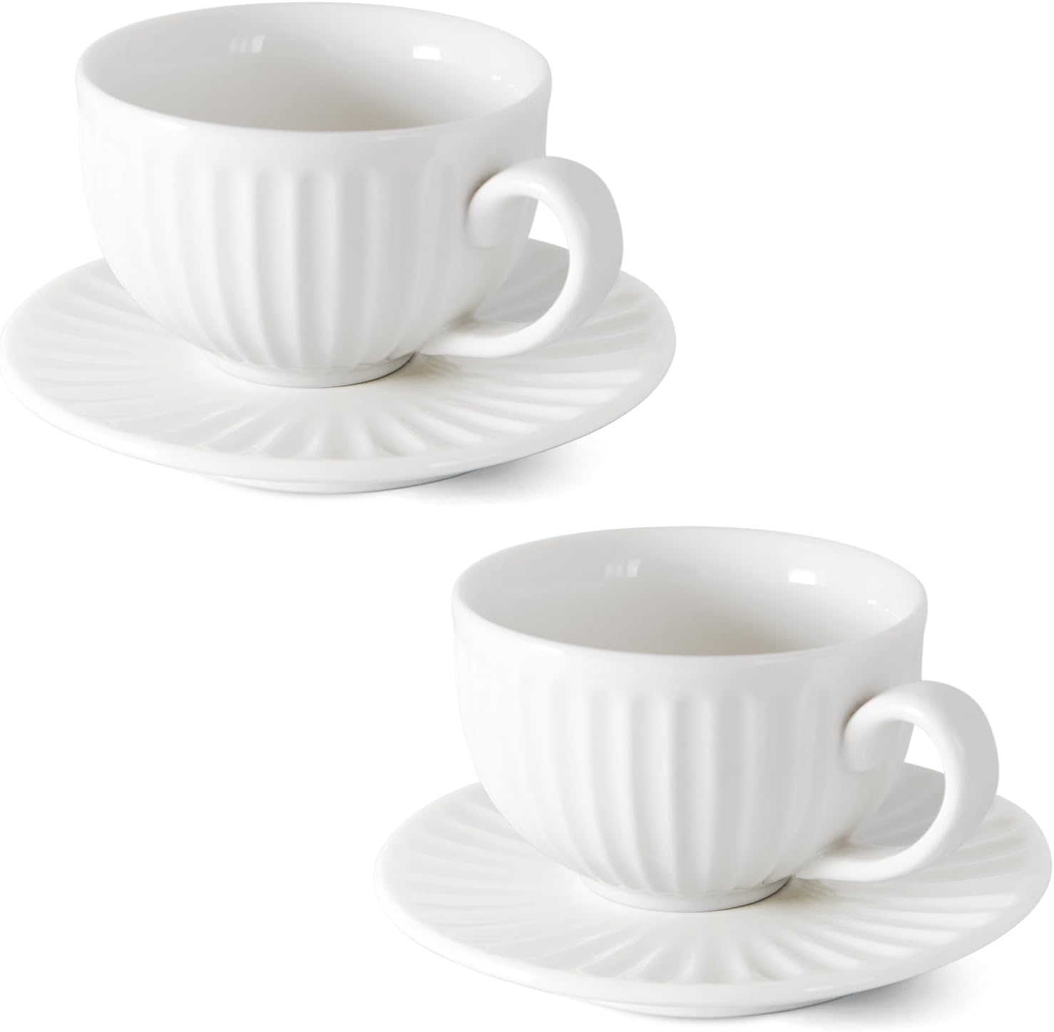 White Tea Cups and Saucers- 2oz Stackable Ceramic Espresso Cups & Cappuccino Cup Set of 2 for Coffee, Latte, and Tea, Durable Porcelain tea Set & Modern Latte Cup Collection