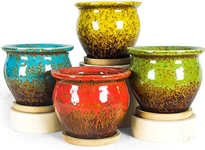 ARTKETTY Succulent Pots, 4.5 Inch Small Succulent Planters Pots with Drainage Tray Colorful Cactus Planter Ceramic Pots for Flower Plants Pack of 4