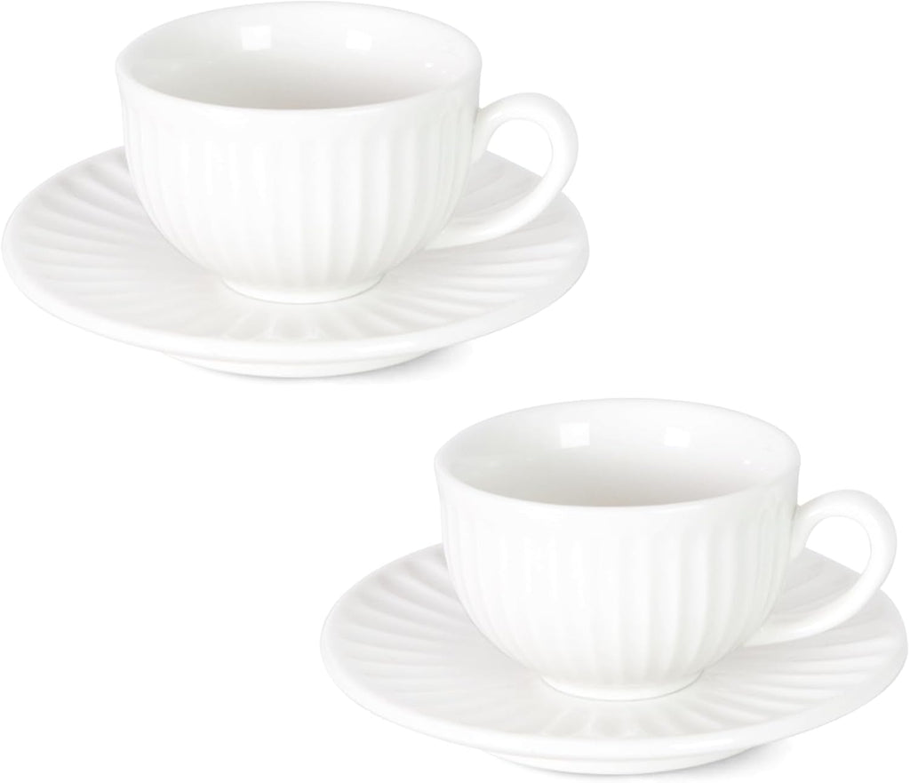 Tea Cups and Saucers- 2oz Stackable Ceramic Espresso Cups & Cappuccino Cup Set of 2 for Coffee, Latte, and Tea, Durable Glazed Blue Porcelain tea Set & Modern Latte Cup Collection