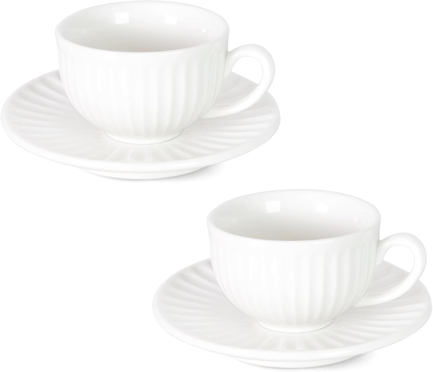 White Tea Cups and Saucers- 2oz Stackable Ceramic Espresso Cups & Cappuccino Cup Set of 2 for Coffee, Latte, and Tea, Durable Porcelain tea Set & Modern Latte Cup Collection