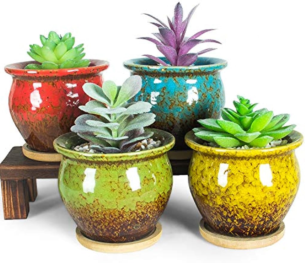 ARTKETTY Succulent Pots, 4.5 Inch Small Succulent Planters Pots with Drainage Tray Colorful Cactus Planter Ceramic Pots for Flower Plants Pack of 4