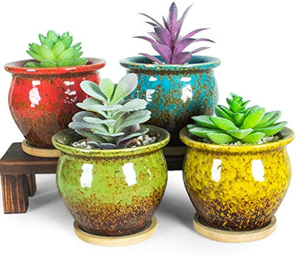 ARTKETTY Succulent Pots, 4.5 Inch Small Succulent Planters Pots with Drainage Tray Colorful Cactus Planter Ceramic Pots for Flower Plants Pack of 4