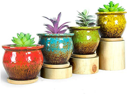 ARTKETTY Succulent Pots, 4.5 Inch Small Succulent Planters Pots with Drainage Tray Colorful Cactus Planter Ceramic Pots for Flower Plants Pack of 4