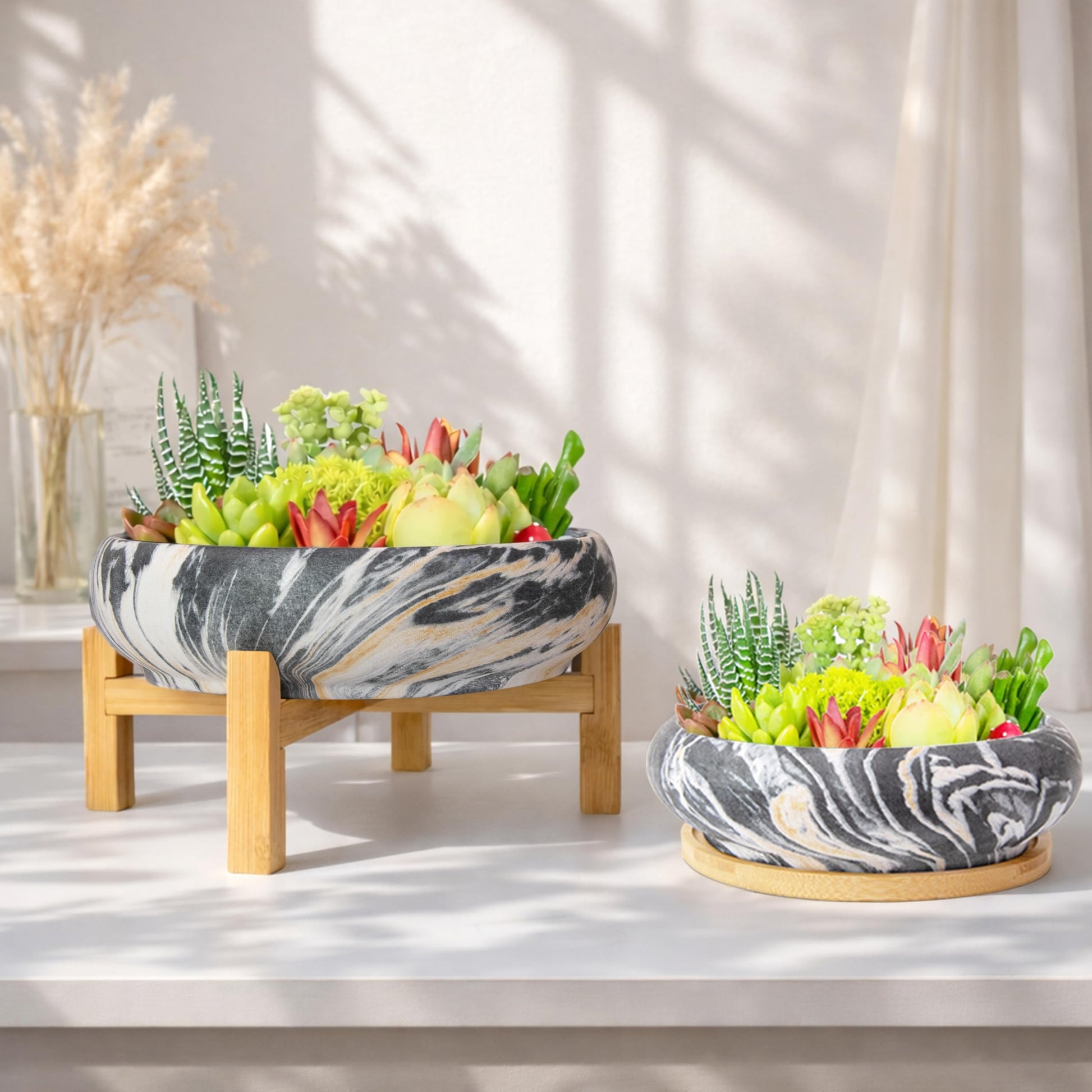 ARTKETTY Succulent Pots- 7.3/10 Inch Large Plant Pots Set of 2 | Shallow Bonsai Pots with Drainage Tray, Ceramic Planters for Indoor Cactus Marble Flower Plant Container Bowl