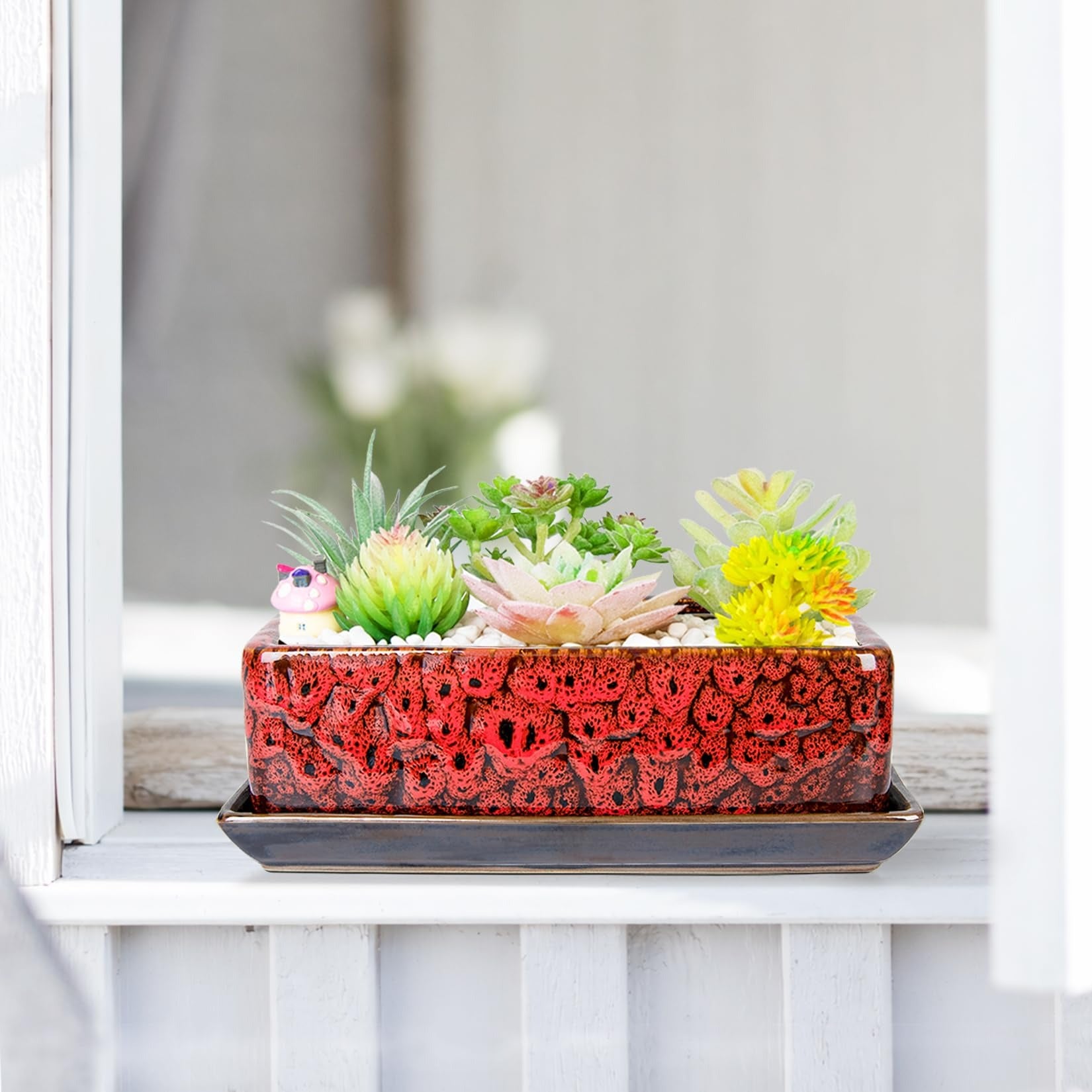 ARTKETTY Succulent Pots - Long Rectangle Succulent Planters with Drainage Tray, Window Sill Planter, Ceramic Pots for Indoor Cactus Plants Shallow Bonsai Window Box for Home Garden Decor
