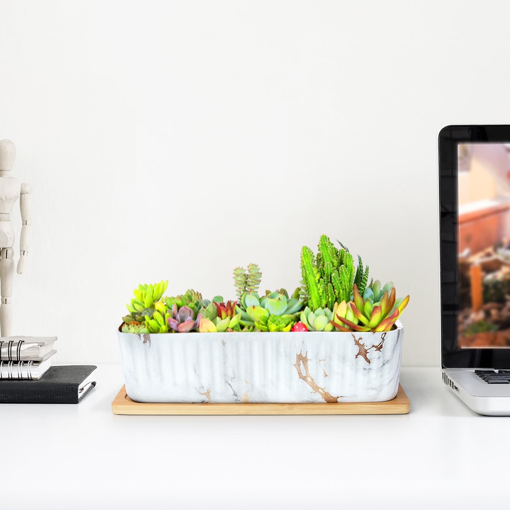 ARTKETTY 12'' Large Long Rectangular Planter, Ceramic Succulent Pots with Drainage Tray, Shallow Windowsill Succulent Planters for Indoor Cactus Bonsai Plants, Marble Window Box Home Office Decor