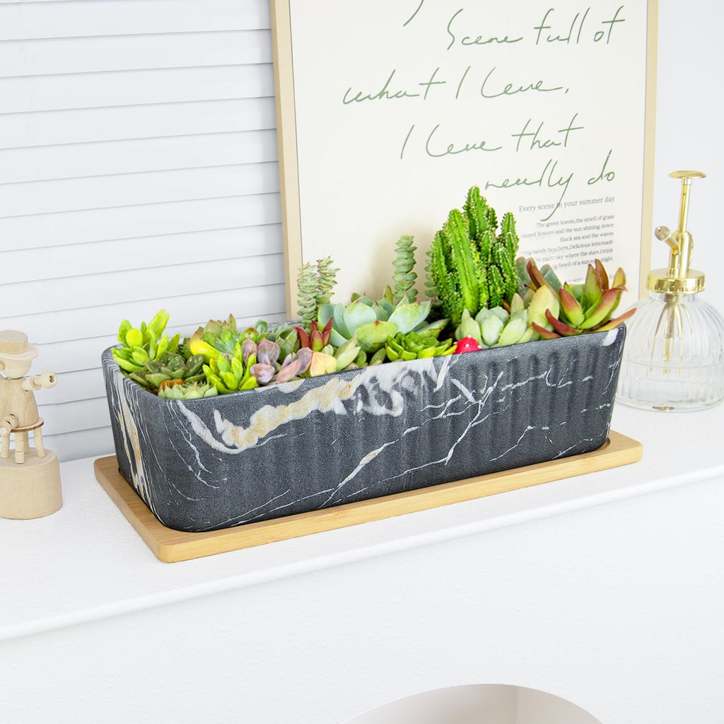 ARTKETTY 12'' Large Long Rectangular Planter, Ceramic Succulent Pots with Drainage Tray, Shallow Windowsill Succulent Planters for Indoor Cactus Bonsai Plants, Marble Window Box Home Office Decor