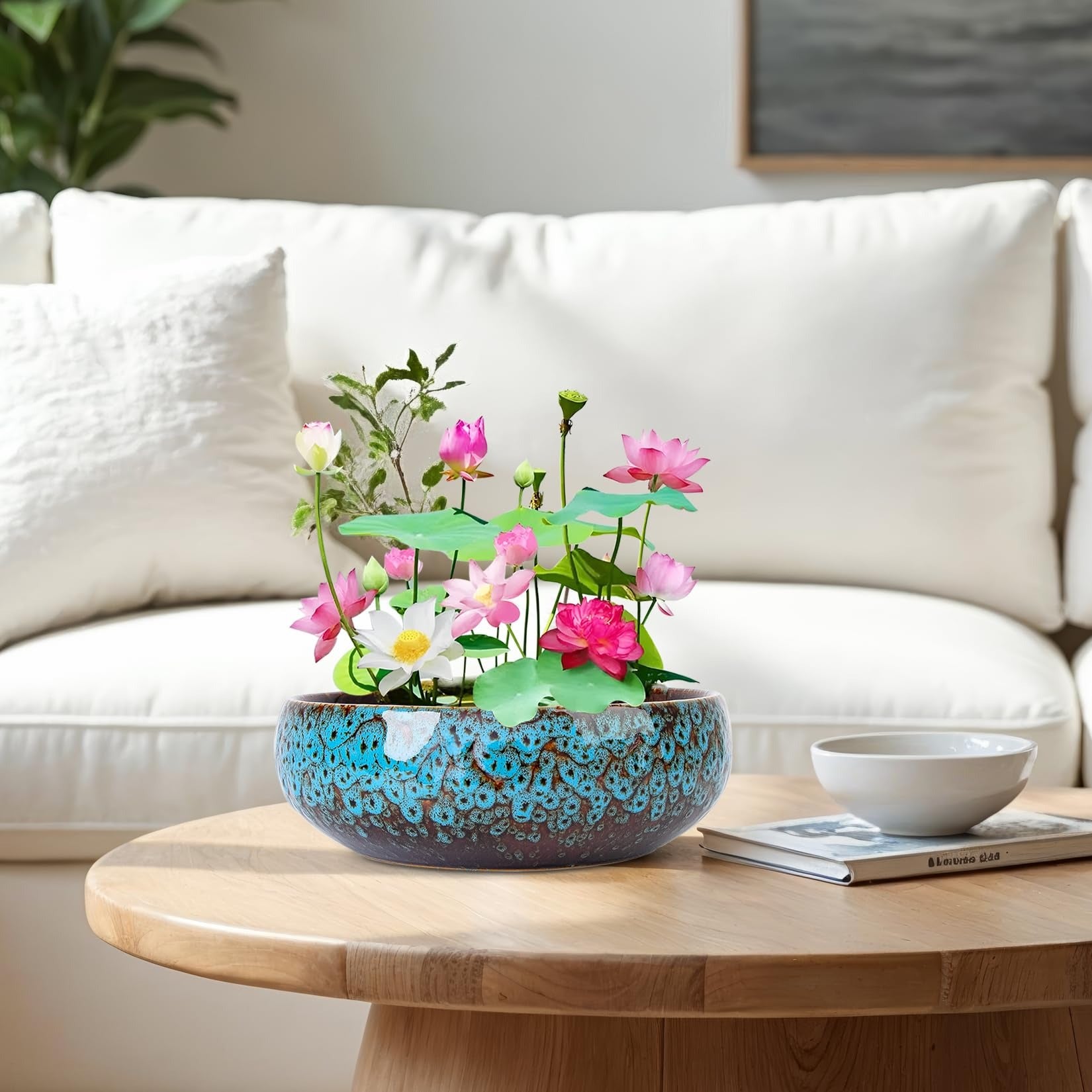 ARTKETTY Lotus Bowl Planter - 8 Inch Large Lotus Flower Bowl for Water Plants, Ceramic Bonsai Bowl for Hydroponic Plant Succulent Plants Indoors Outdoor