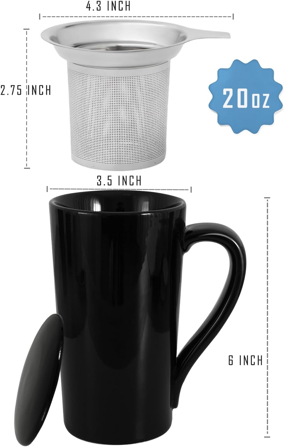 Tea Cup with Infuser and Lid, 20oz Mug with Handle for Steeping Loose Leaf Tea, Dishwasher and Microwave Safe, Ceramic Strainer Cup Gifts for tea Lovers, Black
