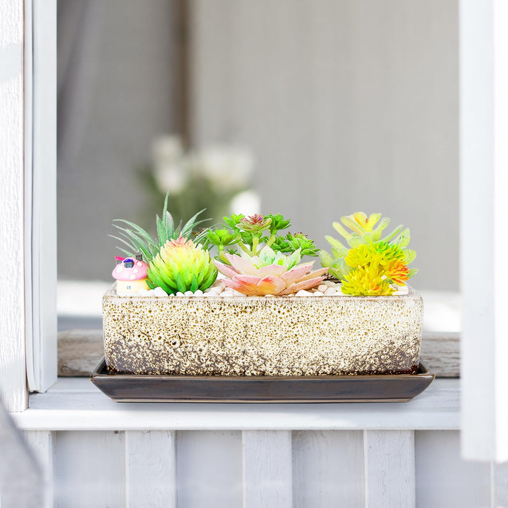 ARTKETTY Succulent Pots - Long Rectangle Succulent Planters with Drainage Tray, Window Sill Planter, Ceramic Pots for Indoor Cactus Plants Shallow Bonsai Window Box for Home Garden Decor