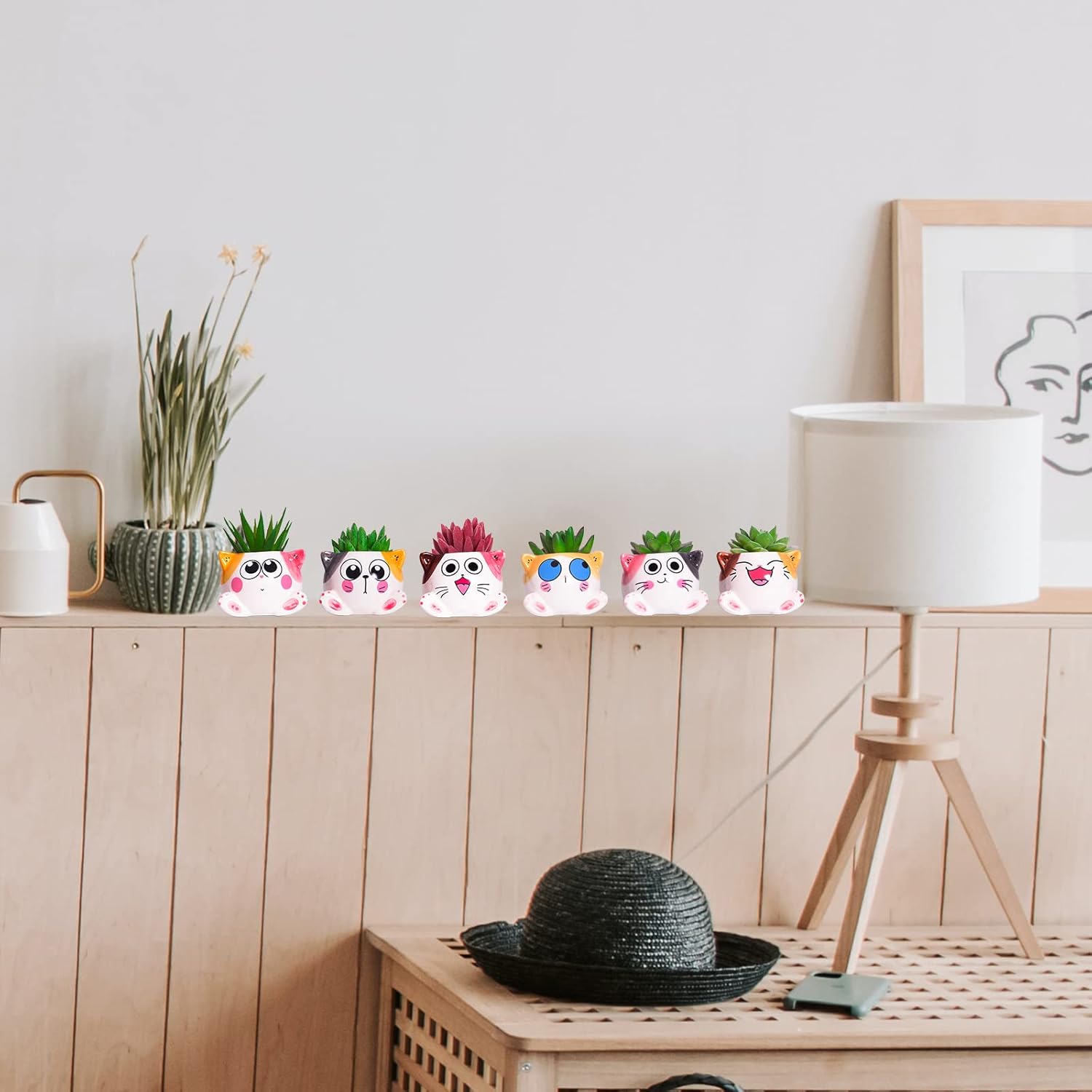 Cute Succulent Pots with Drainage Cat Planters for Indoor Plants 3.4 Inch Tiny Animal Planters Mini Cat Pots Small Ceramic Flower Pot Cartoon Cactus Plant Pots Set of 6