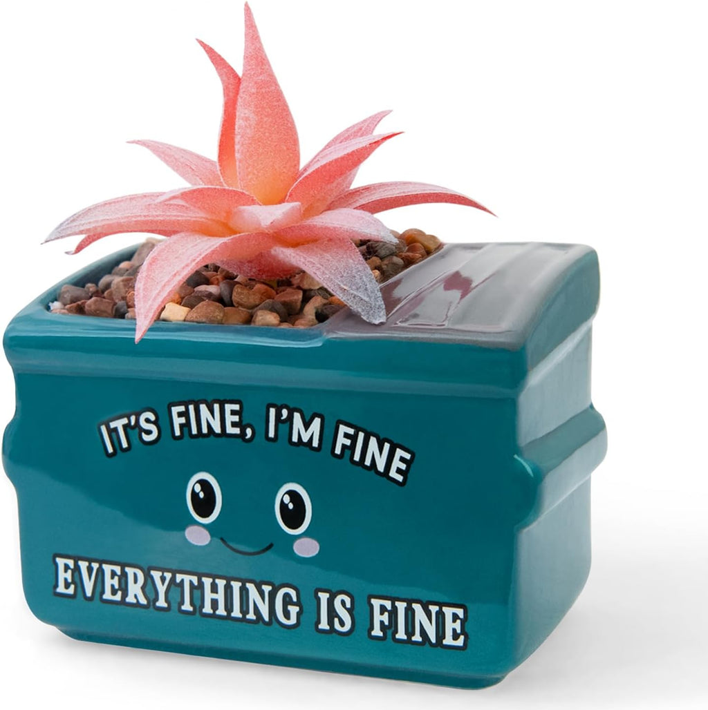 Dumpster Fire Fake Plants in Ceramic Succulent Pots Desk Decor, Emotional Support Positive Thinking Office Desk Accessories, Motivational Gifts for Women, Men, Coworkers