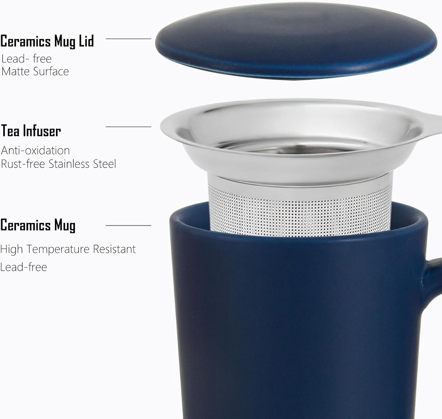 Tea Cup with Infuser and Lid, 20oz Tea Mug with Handle, Dishwasher and Microwave Safe, Ceramic Strainer Cup Gifts for Steeping Loose Leaf tea Lovers, Blue