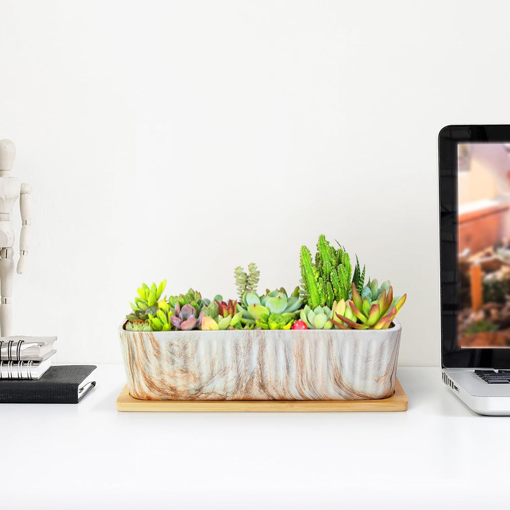 ARTKETTY 12'' Large Long Rectangular Planter, Ceramic Succulent Pots with Drainage Tray, Shallow Windowsill Succulent Planters for Indoor Cactus Bonsai Plants, Marble Window Box Home Office Decor