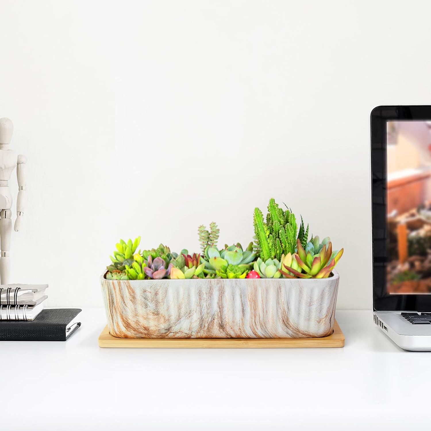 ARTKETTY 12'' Large Long Rectangular Planter, Ceramic Succulent Pots with Drainage Tray, Shallow Windowsill Succulent Planters for Indoor Cactus Bonsai Plants, Marble Window Box Home Office Decor