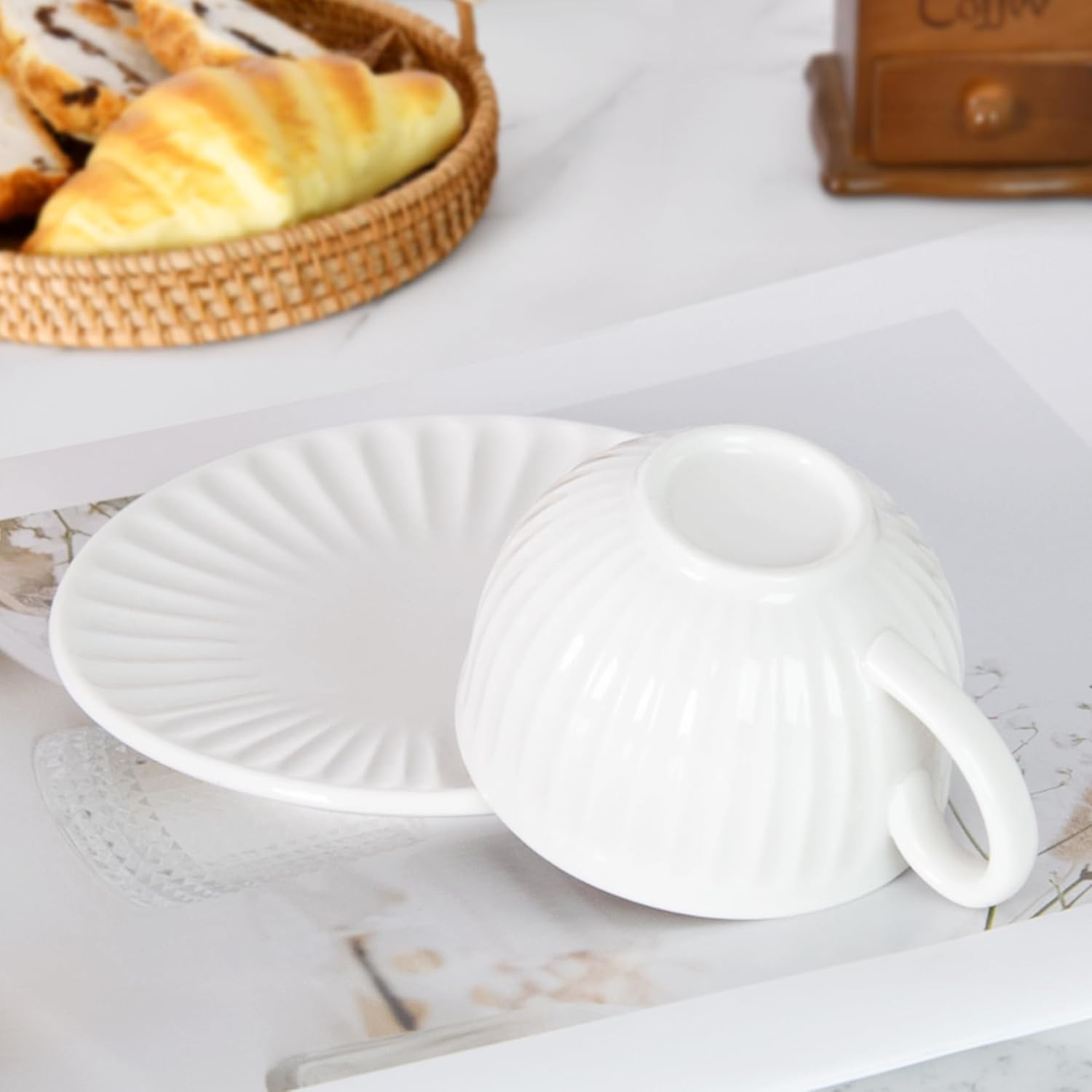 White Tea Cups and Saucers- 2oz Stackable Ceramic Espresso Cups & Cappuccino Cup Set of 2 for Coffee, Latte, and Tea, Durable Porcelain tea Set & Modern Latte Cup Collection