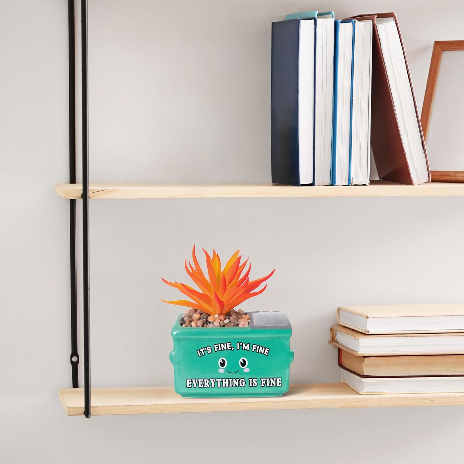 Emotional Support Dumpster Fire Desk Decor, Fake Plants in Ceramic Succulent Pots, Motivational Positive Thinking Office Desk Accessories, Funny Gifts for Women, Men, Coworkers