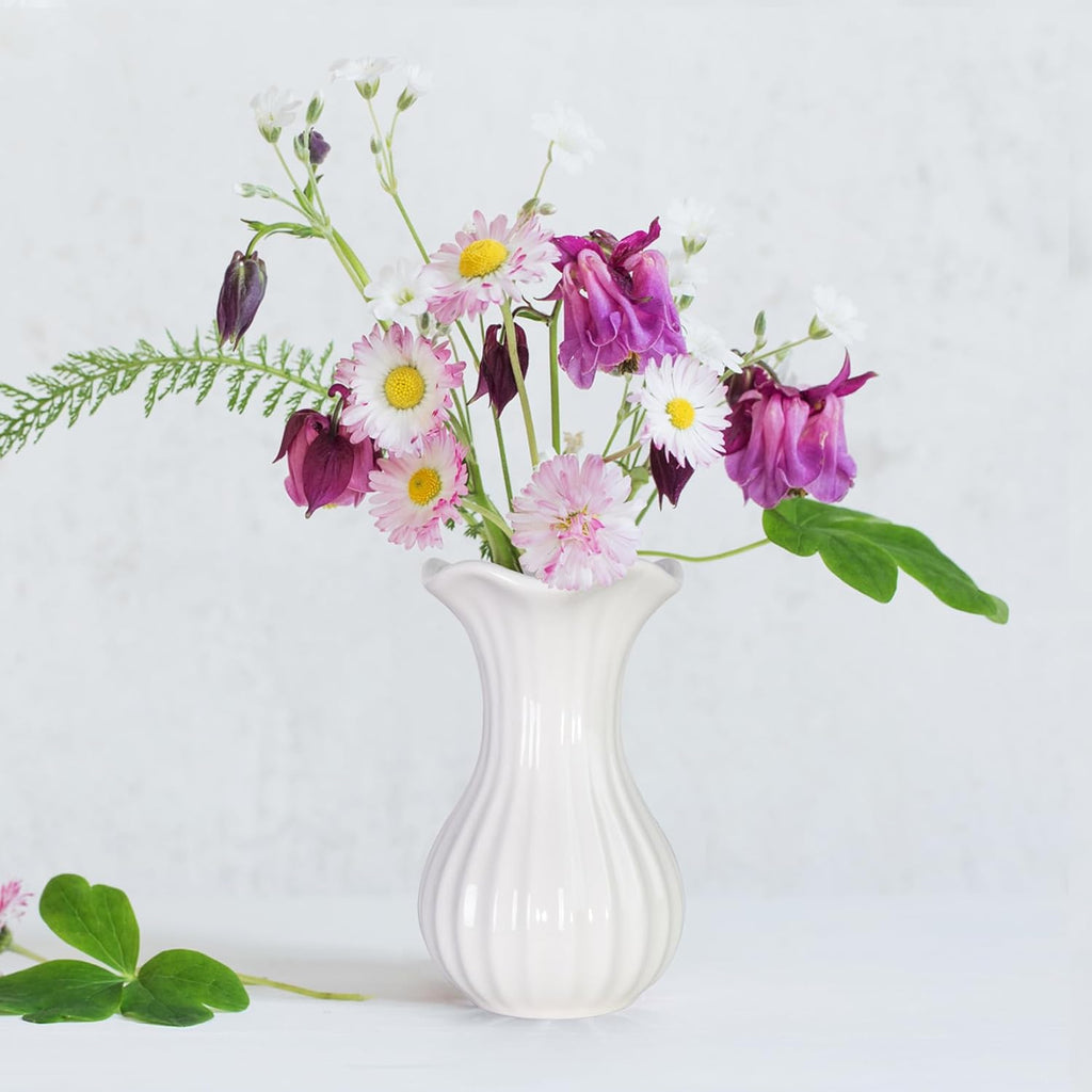 White Ceramic Vase, Small Vases for Home Decor, Elegant Flower Vase Centerpiece for Tables, Office Desk, Room Decor, Fit for Housewarming, Wedding, Birthday (Pure White)