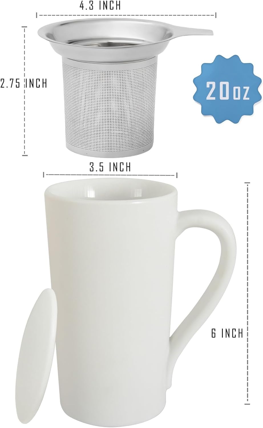 Tea Cup with Infuser and Lid, 20oz Mug with Handle for Steeping Loose Leaf Tea, Dishwasher and Microwave Safe, Ceramic Strainer Cup Gifts for tea Lovers, White