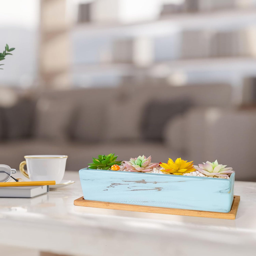 Succulent Pots - 12.1 Inch Large Succulent Pots with Drainage Tray, Window Sill Planter, Long Rectangle Ceramic Pots for Indoor Cactus/Succulent Plants Shallow Bonsai Window Box for Home Garden Decor