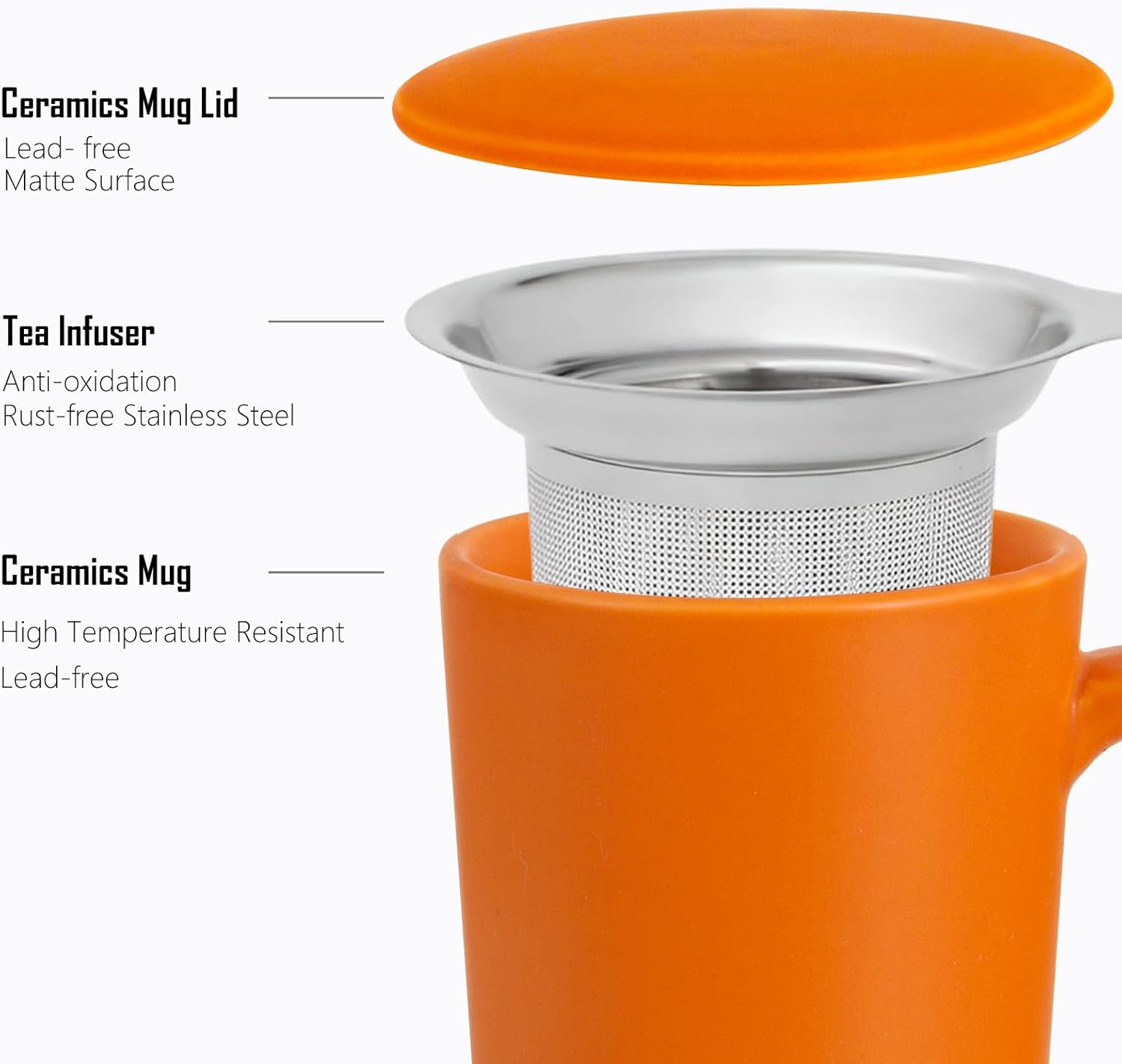 Tea Cup With Infuser and Lid, 20oz Mug With Handle for Steeping Loose Leaf, Dishwasher and Microwave Safe, Ceramic Strainer Cup Gifts for Lovers, Orange