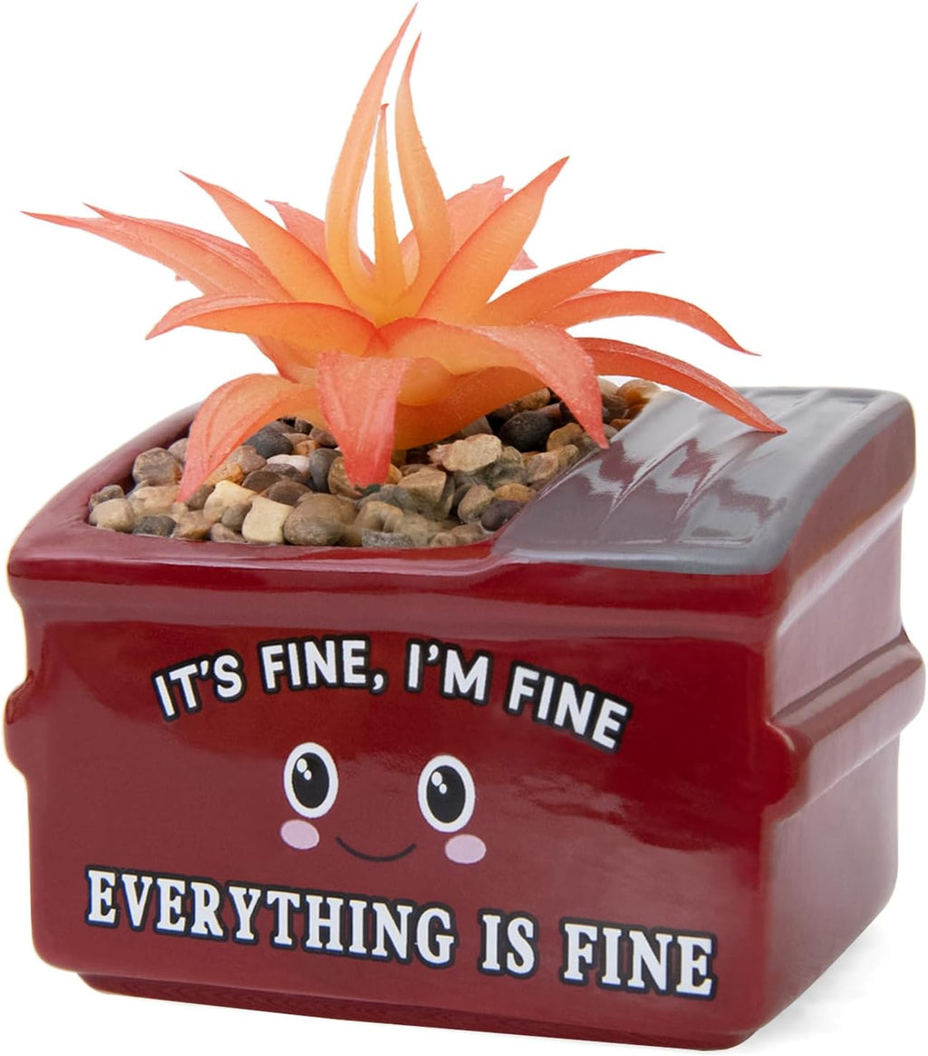 Dumpster Fire Fake Plants in Ceramic Succulent Pots Desk Decor, Emotional Support Positive Thinking Office Desk Accessories, Motivational Gifts for Women, Men, Coworkers