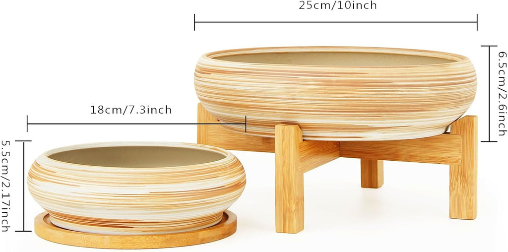 ARTKETTY Succulent Pots - 7.3/10 Inch Large Plant Pot Ceramic Bonsai Planter with Drainage Tray, Shallow Planters for Succulents Cactus Flower Small Plants Birthday Gifts for Women